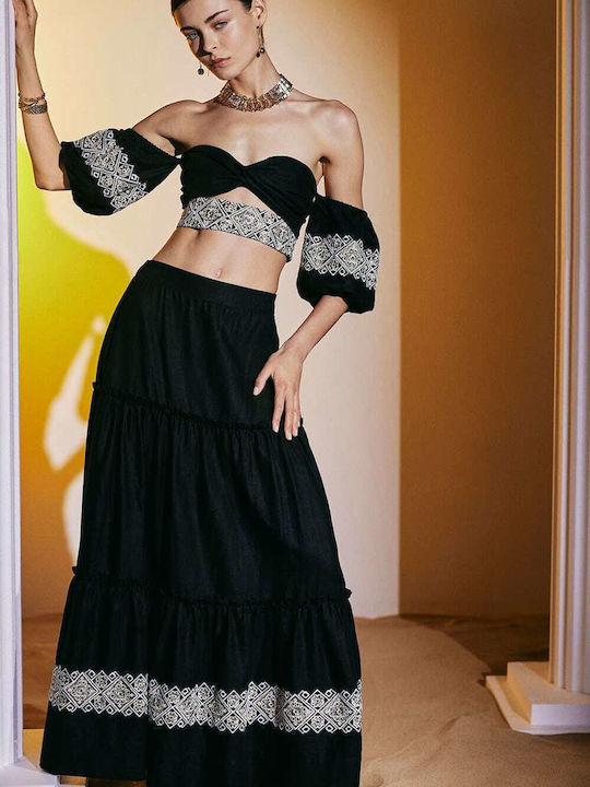 Lace High Waist Midi Skirt in Black color