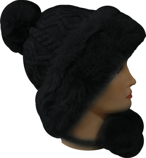 Pom Pom Beanie Γυναικείος Fleece Σκούφος με Πλεξούδες σε Μαύρο χρώμα