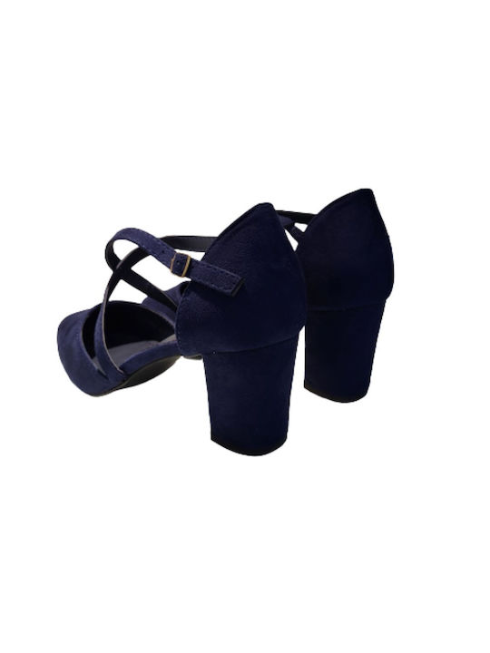 Plato Suede Pointed Toe Navy Blue Heels with Strap