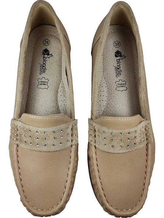 Leather Women's Moccasins in Beige Color