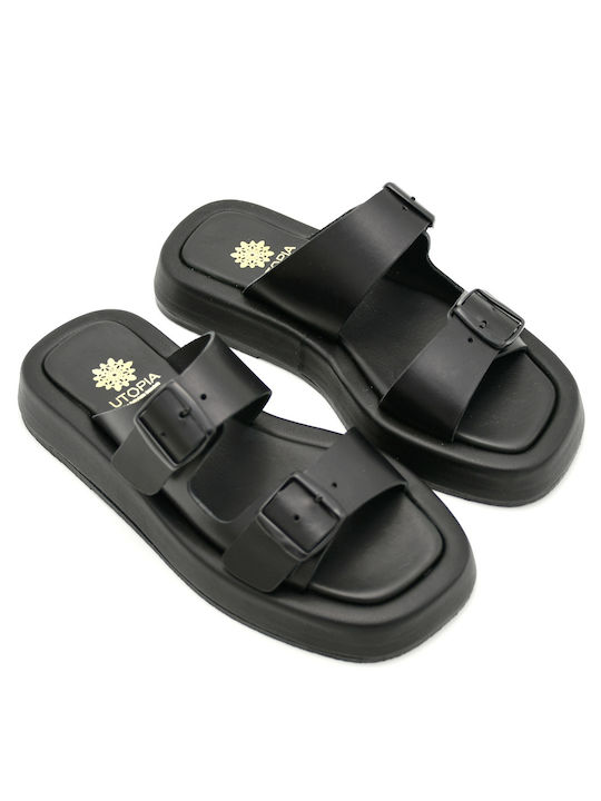 Utopia Sandals Leather Women's Flat Sandals in Black Color