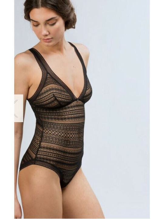 Lingerie Spaghetti Strap Bodysuit with Mesh & Lace Black