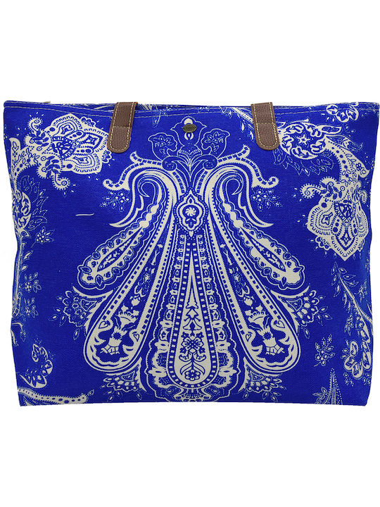 Aria Beach Bag from Canvas with Ethnic design Blue