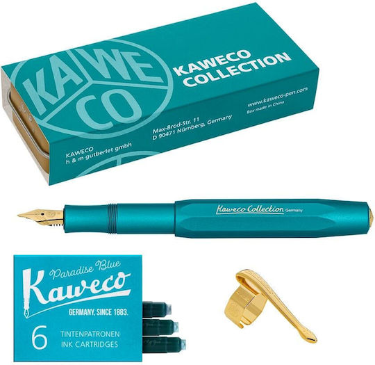 Kaweco COLLECTION Iguana Stilou Foarte larg Albastru din Aluminiu cu Roșu Cerneală