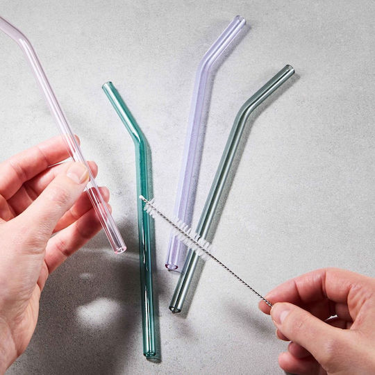Butlers Glass Drinking Straws Multicolour with Cleaning Brush 5pcs