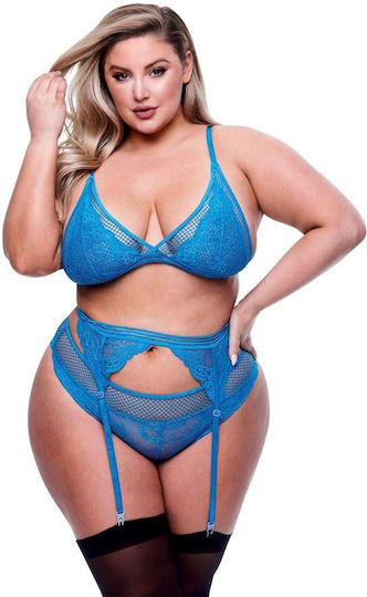 Baci Lingerie Lace Sexy Σετ Εσωρούχων με Δαντέλα & Ζαρτιέρες Μπλε 3τμχ