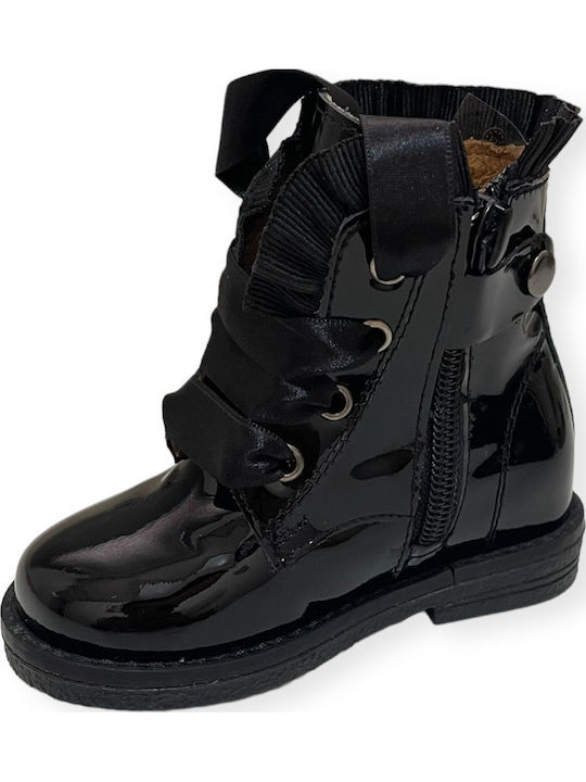 Kids Boots from Patent Leather with Laces Black