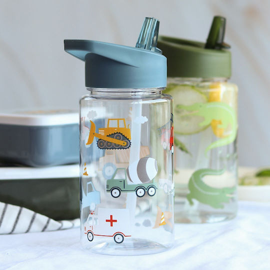 A Little Lovely Company Vehicles Kids Water Bottle Plastic with Straw Vehicles 450ml (Various Designs/Colours)