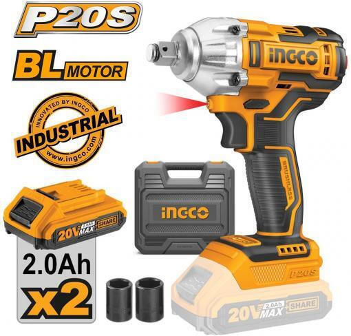 Ingco CIWLI2038 Brushless Impact Wrench Battery 20V 2x2Ah with Socket 1/2"