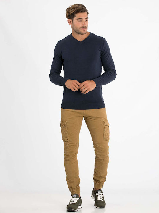 Frank Tailor Men's Long Sleeve Sweater with V-Neck Navy Blue