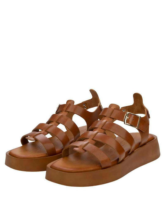 Baroque Leather Women's Flat Sandals Gladiator Flatforms in Tabac Brown Color