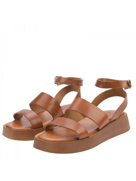 Baroque Leather Women's Flat Sandals with Strap Flatforms in Tabac Brown Color