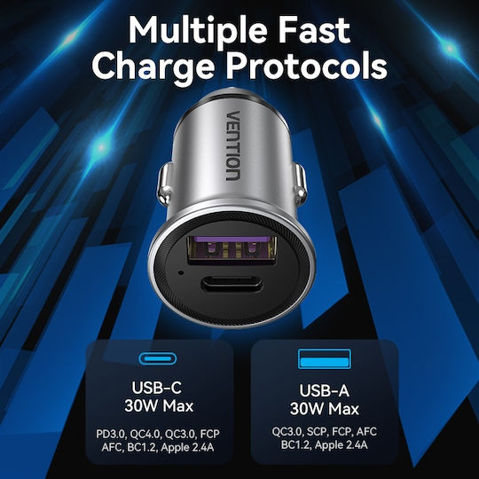 Vention Φορτιστής Αυτοκινήτου 30W με Θύρες: 1xUSB 1xType-C Γκρι