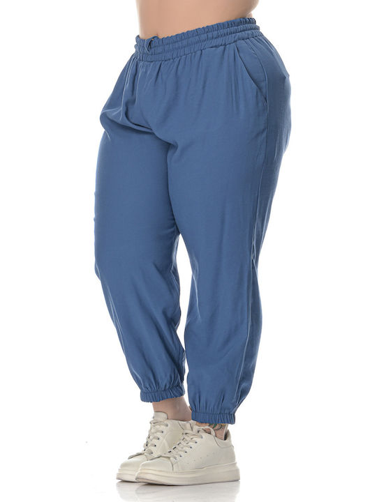 Women's High-waisted Fabric Capri Trousers with Elastic Blue
