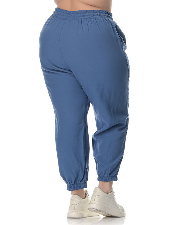 Women's High-waisted Fabric Capri Trousers with Elastic Blue