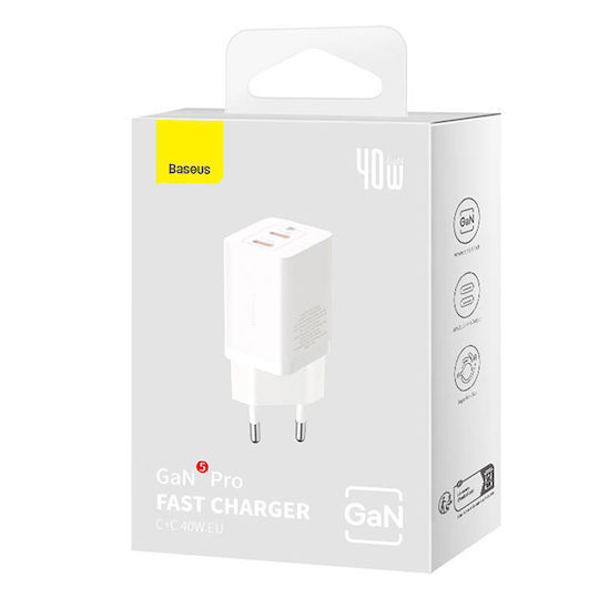 Baseus Charger Without Cable GaN with 2 USB-C Ports 40W Whites (Gan5)