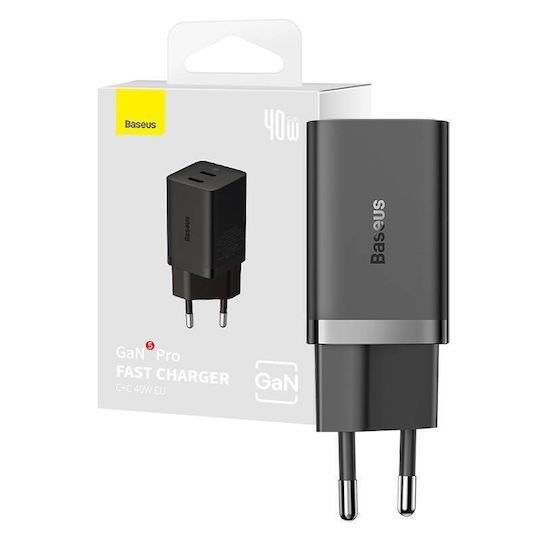Baseus Charger Without Cable GaN with 2 USB-C Ports 40W Blacks (Gan5)