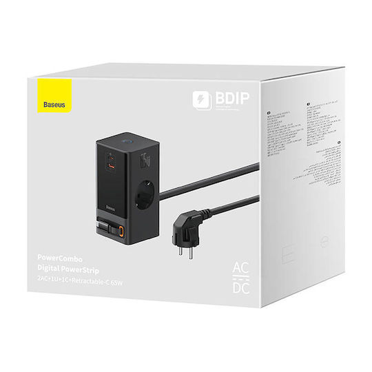Baseus Βάση Φόρτισης με Θύρα USB-A και Θύρα USB-C και Καλώδιο USB-C 65W σε Μαύρο χρώμα (PowerCombo Digital Powerstrip)