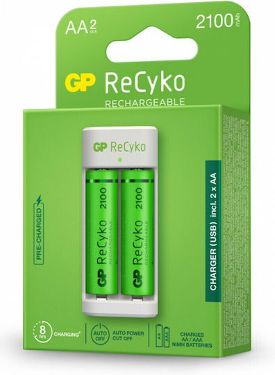 GP Batteries ReCyko E211 USB Charger 2 Batteries Ni-MH Size AA/AAA Set with 2x AA 2100mAh in White color