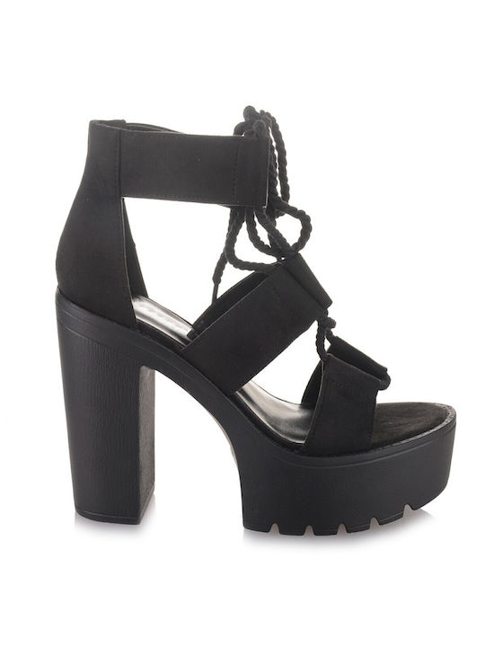 Sushi's Closet Platform Suede Women's Sandals with Laces Black with Chunky High Heel