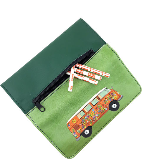 Pera Hippie Van Green Tobacco Pouch made of Artificial Leather Green Handmade with Magnet Closure 16x7.5cm