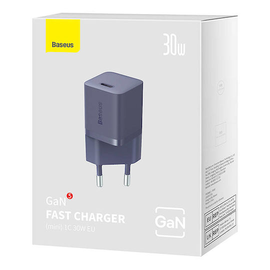 Baseus Charger Without Cable GaN with USB-C Port 30W Power Delivery / Quick Charge 5.0 Purple (Gan5)