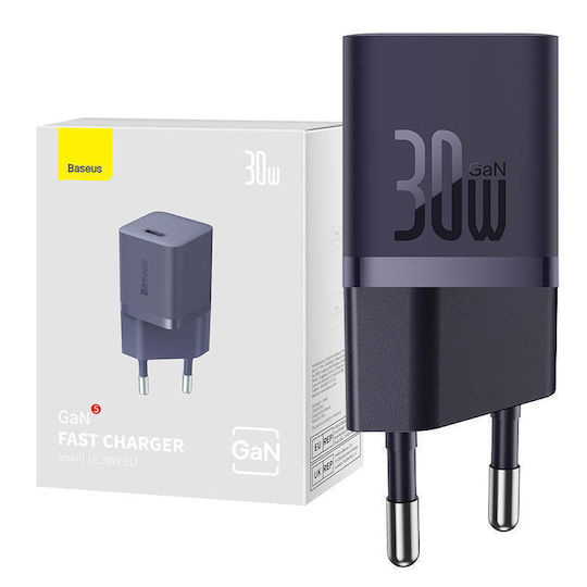 Baseus Charger Without Cable GaN with USB-C Port 30W Power Delivery / Quick Charge 5.0 Purple (Gan5)