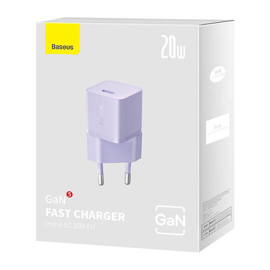 Baseus Ladegerät ohne Kabel GaN mit USB-C Anschluss 20W Stromlieferung / Schnellaufladung 5.0 Lila (Gan5)