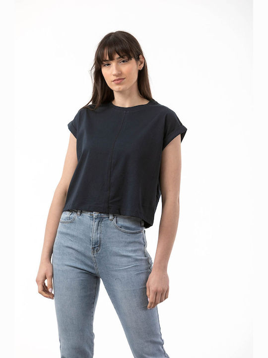 Simple Fashion Women's Summer Blouse Cotton Short Sleeve Navy Blue