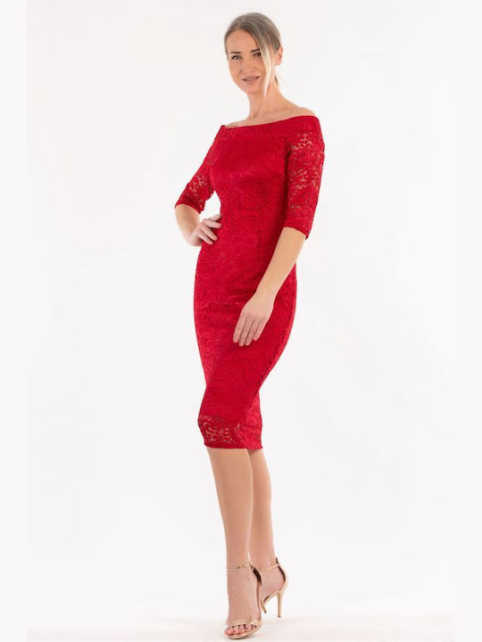 BelleFille Midi Βραδινό Φόρεμα με Δαντέλα Κόκκινο