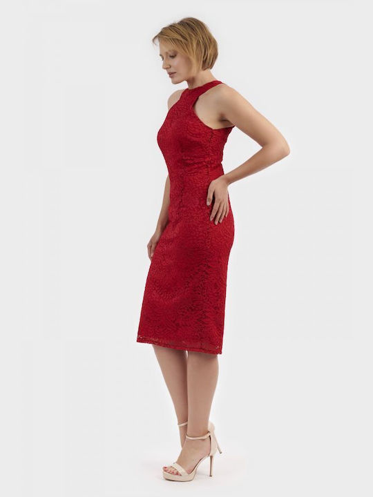 BelleFille Summer Midi Evening Dress with Lace Red