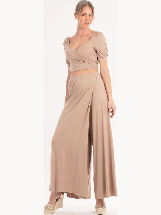 Damen Crop Top Kurzarm Beige
