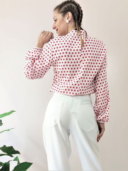 Langärmelig Damen Hemd Weiß Polka Dot