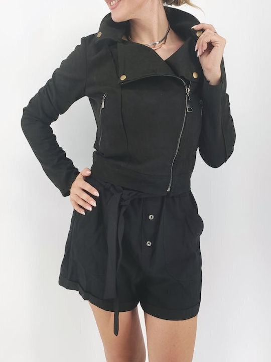 Women's Short Biker Suede Jacket for Winter Black