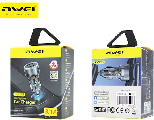 Awei Car Charger 15W 3.1A with one Port: 1xUSB Black Color