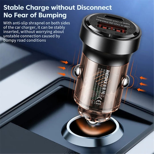 Remax Car Charger 30W Fast Charging with Ports: 1xUSB 1xType-C