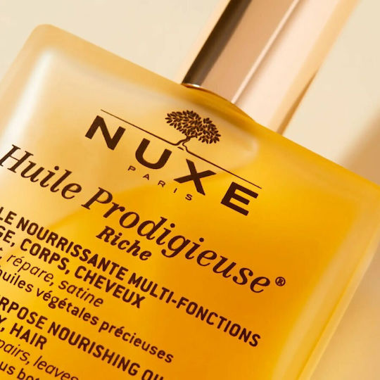 Nuxe Huile Prodigieuse Rich Multipurpose Organic and Dry Monoi Oil for Face, Hair, and Body 100ml