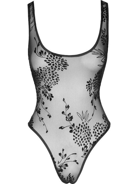 Noir Handmade Sexy Bodysuit mit Transparenz & Spitze Tüllbody mit gemusterter Flockstickerei Schwarz