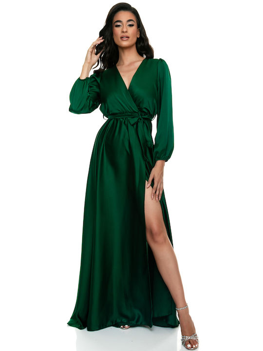 RichgirlBoudoir Summer Maxi Evening Dress Satin Wrap with Ruffle Green