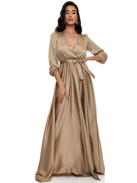 RichgirlBoudoir Καλοκαιρινό Maxi Βραδινό Φόρεμα Σατέν Κρουαζέ με Βολάν Χρυσό