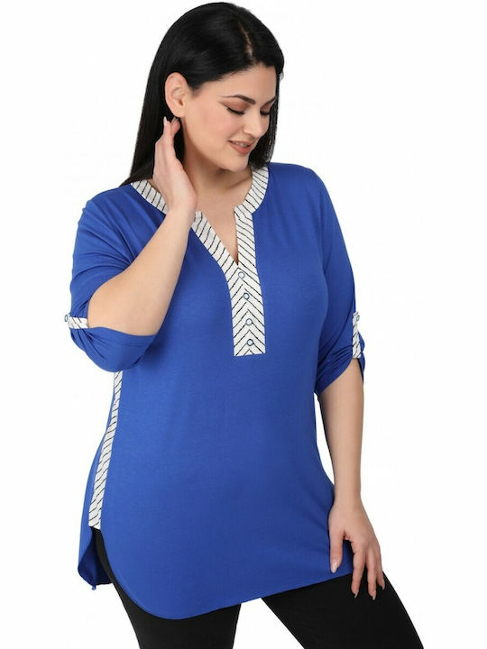 Dina Damen Sommer Bluse Kurzärmelig Gestreift Blau