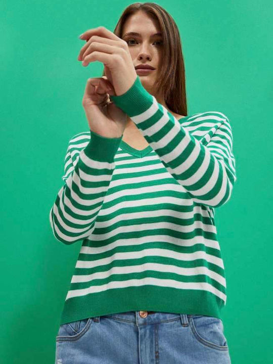 Make your image Women's Long Sleeve Sweater with V Neckline Striped Green