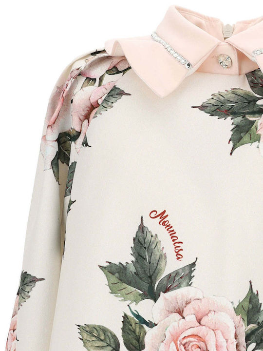 Monnalisa Mädchen Kleid Blumen Langärmelig Ecru