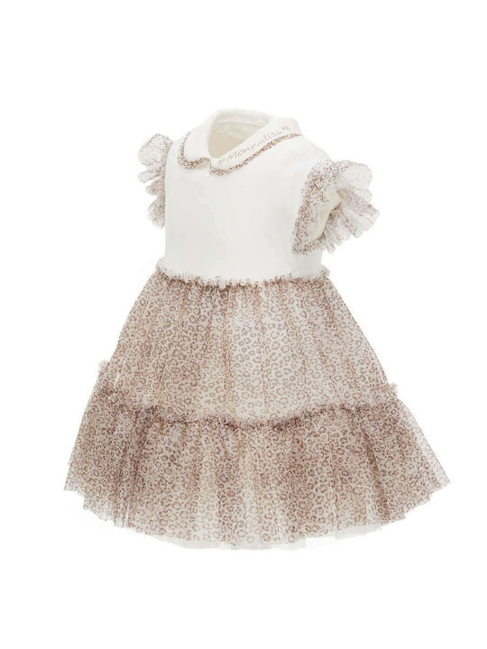 Kinderkleid Kurzärmelig Tüll Tierdruck Ecru