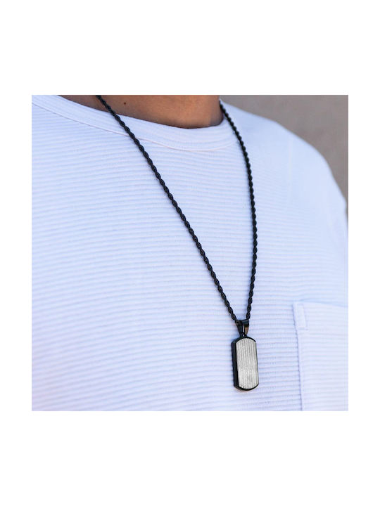 Men's Necklace with Chain in Black Steel and ID with Silver striped surface