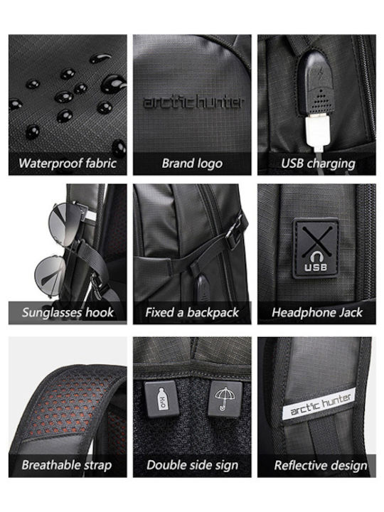 Arctic Hunter B00387 Waterproof Backpack for Laptop 15.6" with USB Port in Gray Color