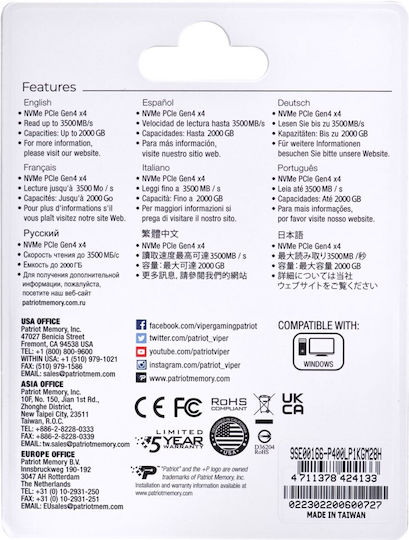 Patriot Viper VP400 Lite SSD 1TB M.2 Type with PCI Express 4.0 Connection P400LP1KGM28H