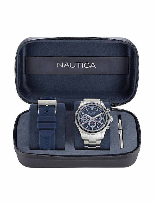 Nautica Men's Watch 46mm Chronograph Battery with Silver Metal Bracelet