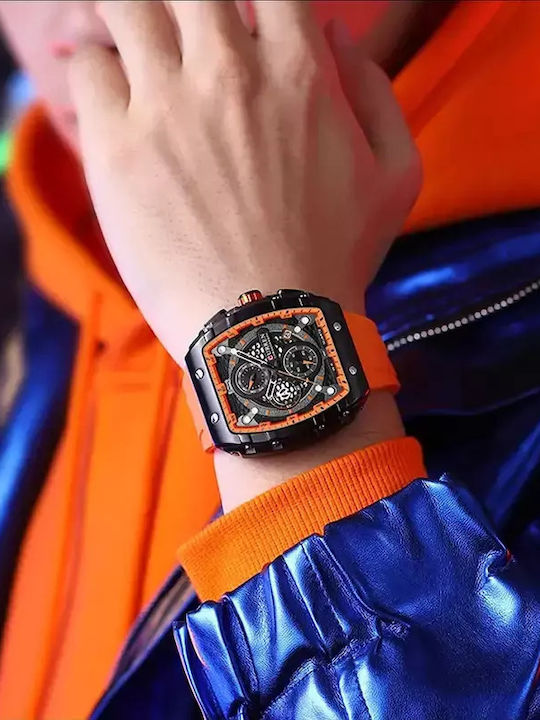 Curren Men's Watch 47mm Chronograph Battery with Orange Rubber Strap