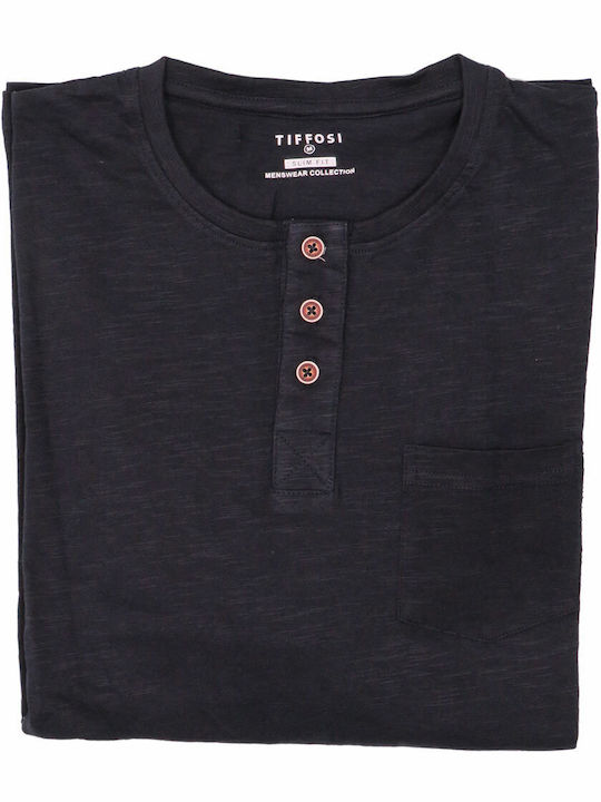 Tiffosi Men's Short Sleeve T-shirt with Buttons Navy Blue